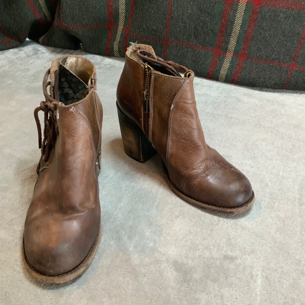Freebird by Steven Brook Brown Leather Lace Up Block Heel Ankle Boots Womens 8